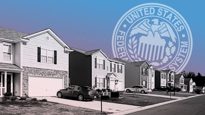 A montage of a row of homes and the US Federal Reserve seal A montage of a row of homes and the US Federal Reserve seal